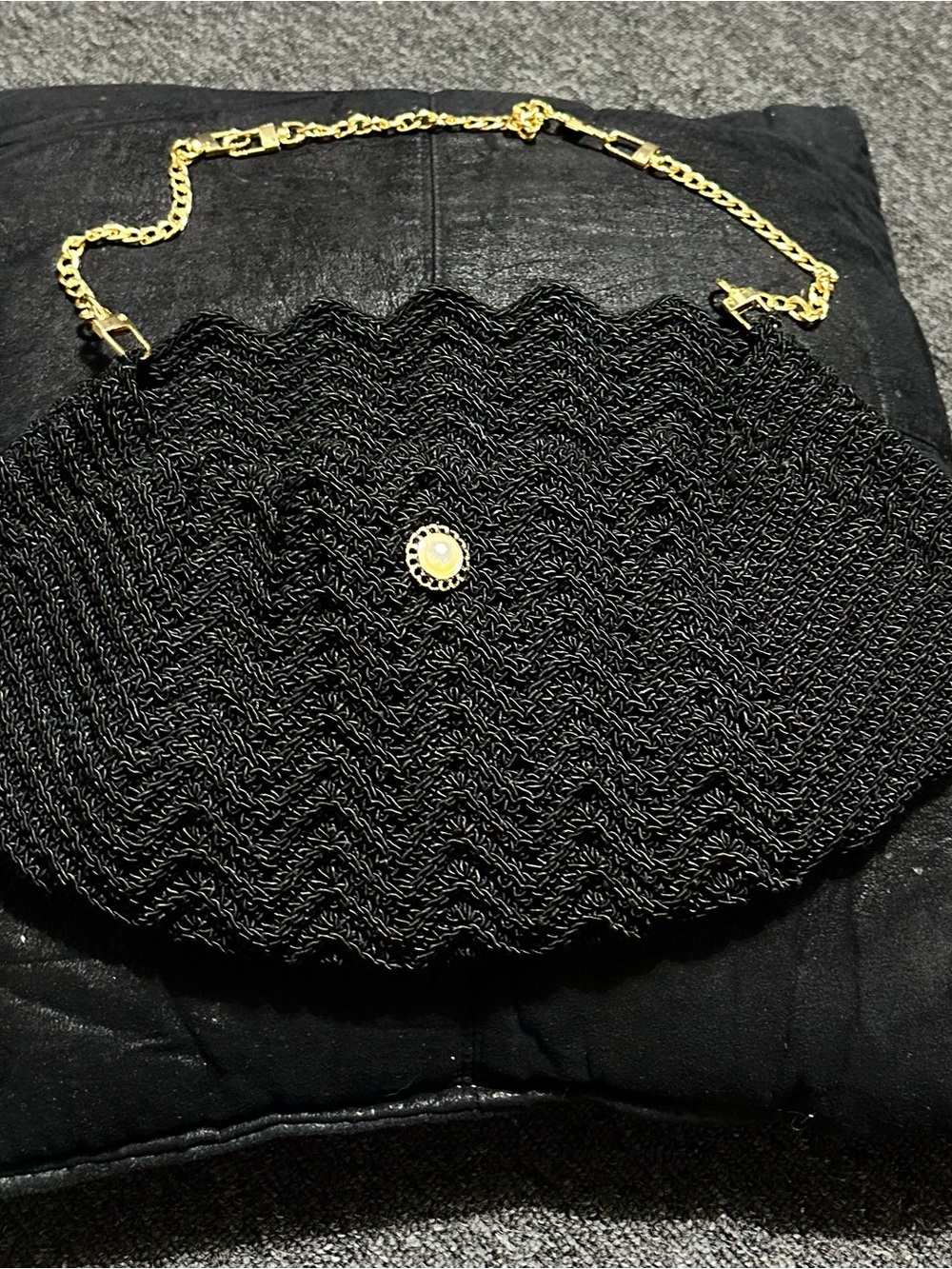 Black Woven Chain Shoulder Bag with Gold Hardware